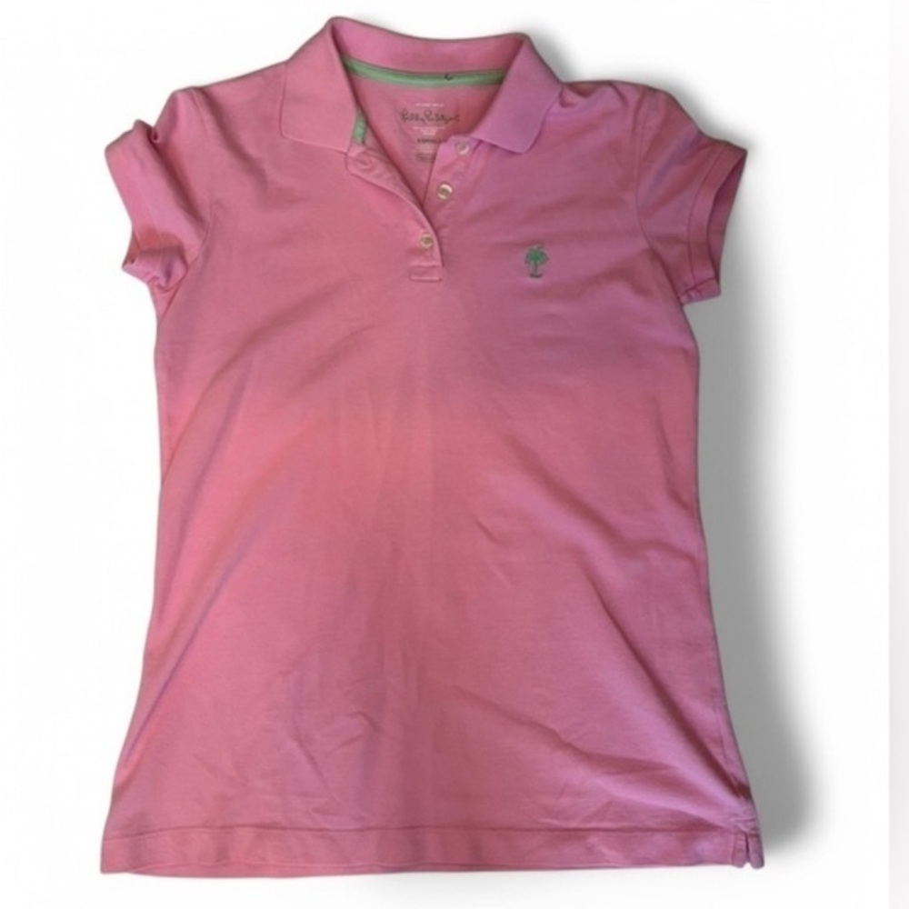 Lilly Pulitzer Pink Short Sleeve Island Green Palm Tree polo, size XS.